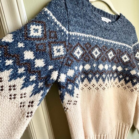 THML Fair Isle Color Block Navy Blue Cream Metallic Knit Sweater Sz L - Picture 6 of 8